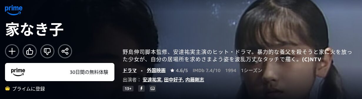 Amazonプライムの家なき子配信画像