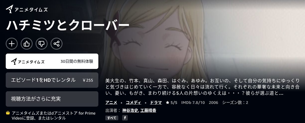 Amazonプライムのハチクロ2配信画像