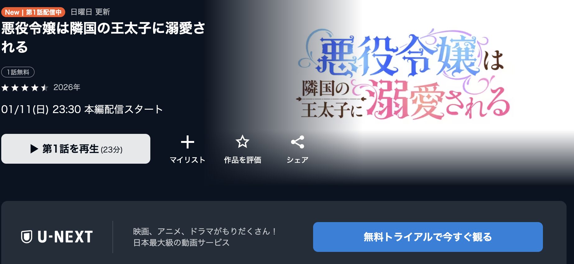 U-NEXTの悪役令嬢は隣国の王太子に溺愛される配信画像