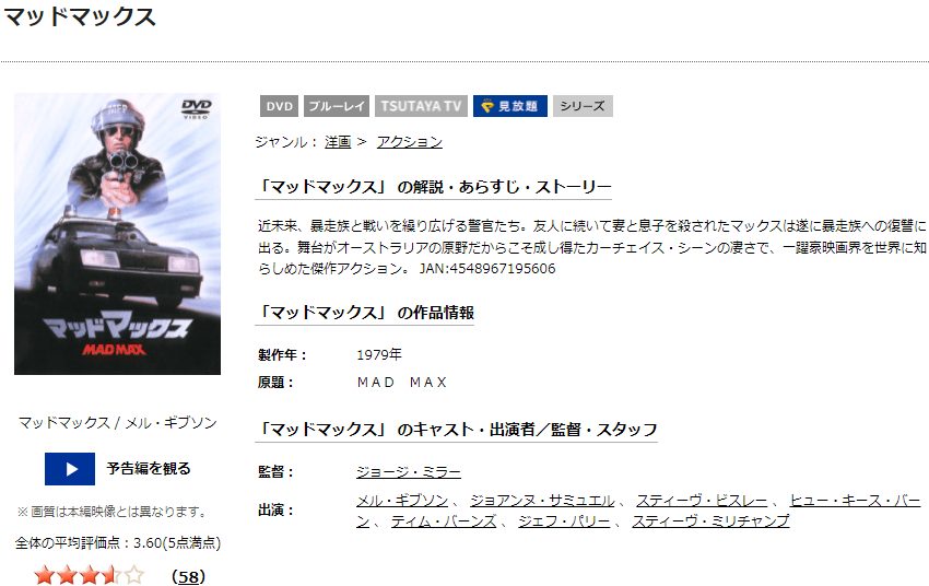 TSUTAYA DISCAS　マッドマックス