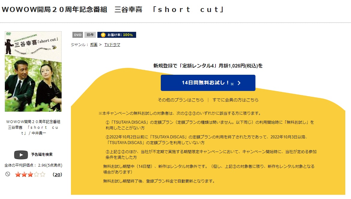 TSUTAYA DISCAS　三谷幸喜「short cut」