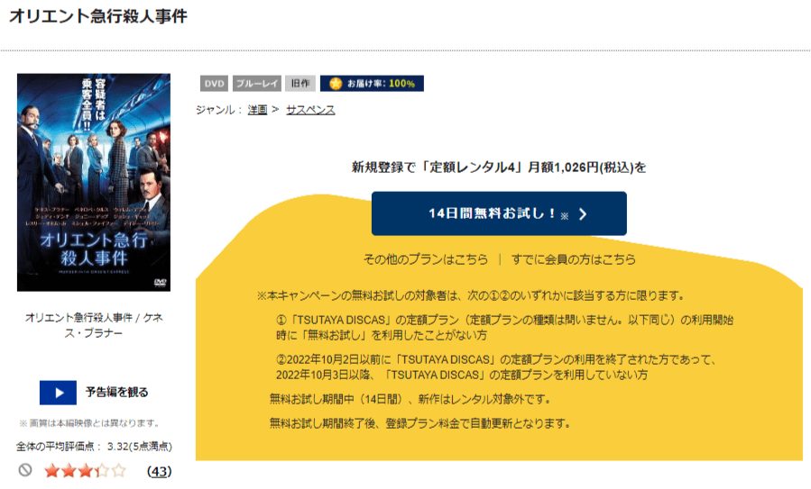 TSUTAYA DISCAS　オリエント急行殺人事件