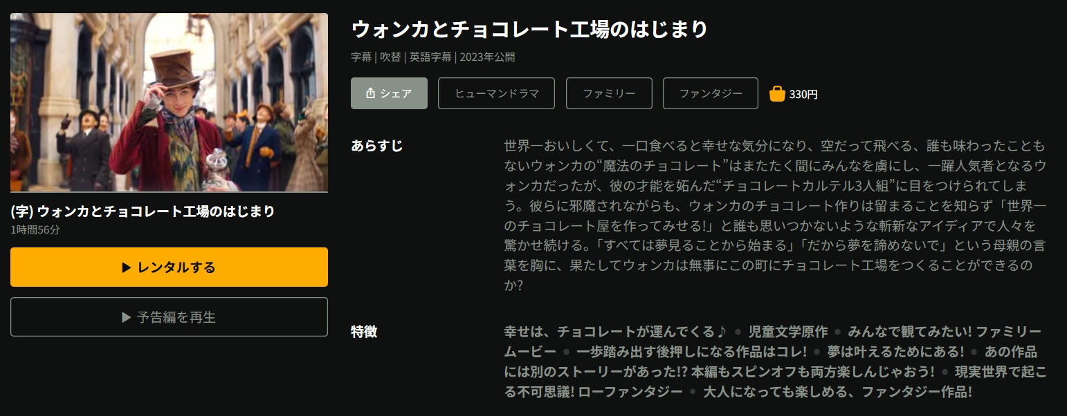 Huluのウォンカとチョコレート工場のはじまり配信画像