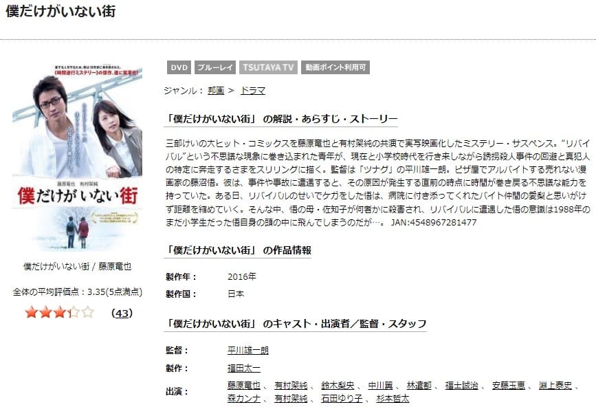 TSUTAYA DISCAS 僕だけがいない街(実写)