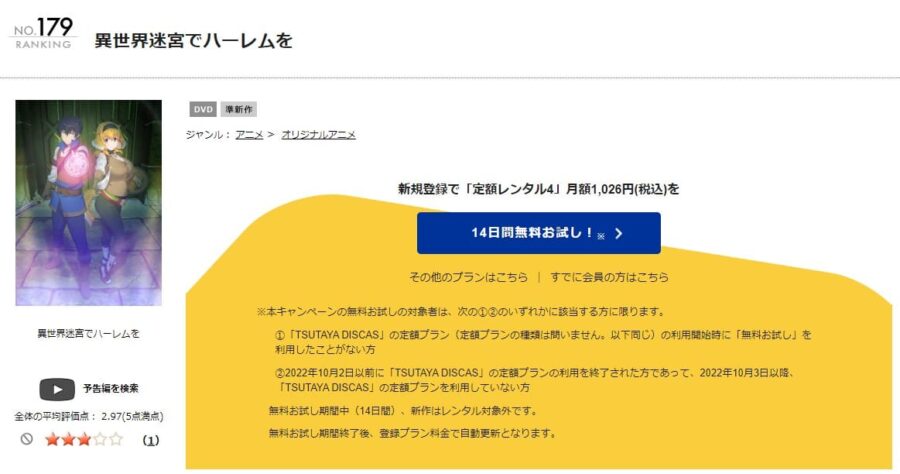 TSUTAYA DISCAS　異世界迷宮でハーレムを