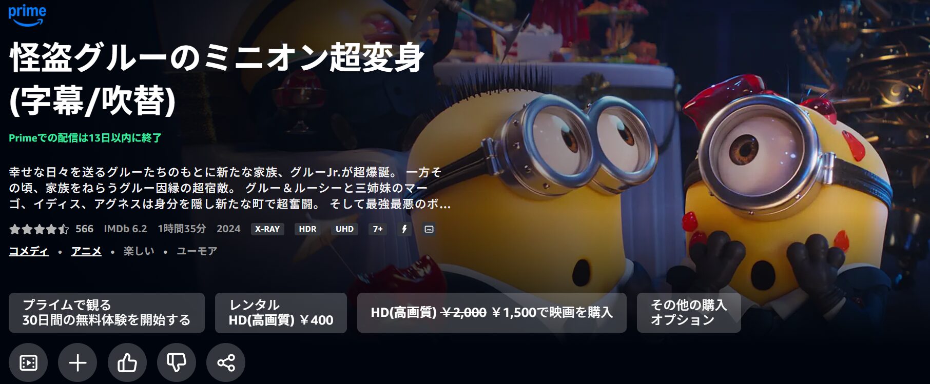 Amazonプライムの怪盗グルーのミニオン超変身配信画像