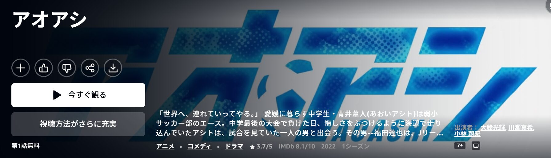 Amazonプライムのアオアシ配信画像