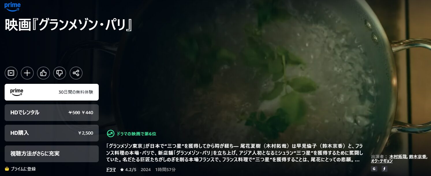 Amazonプライムのグランメゾン・パリ配信画像