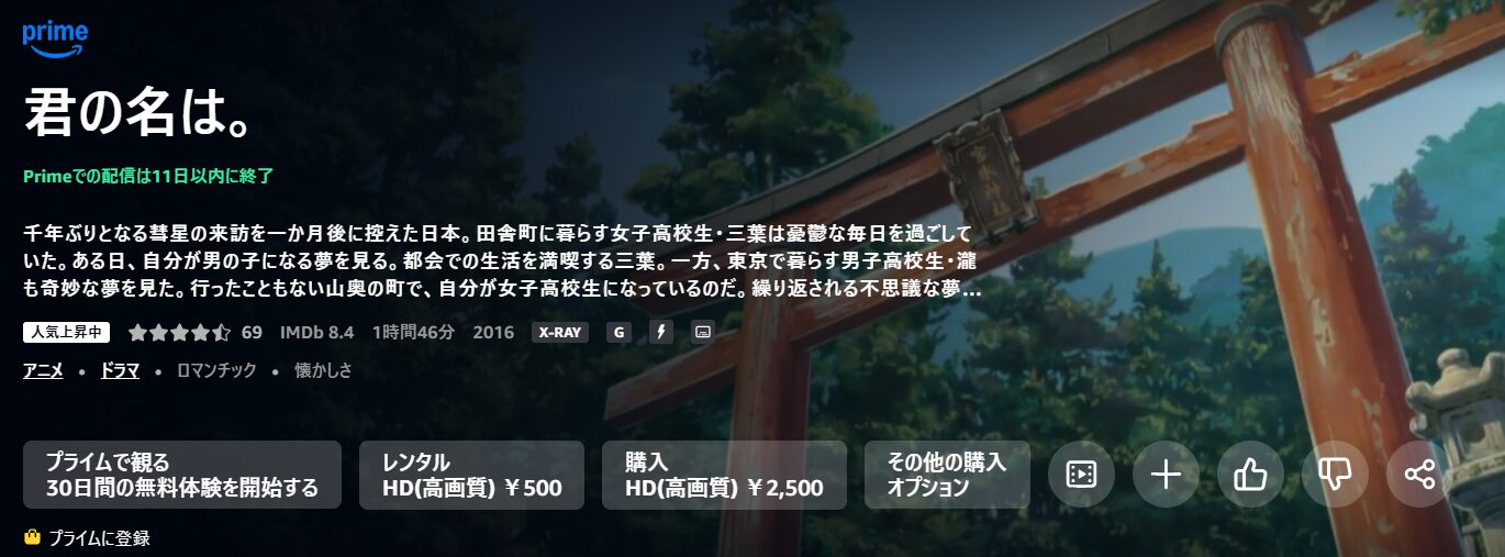 Amazonプライムの君の名は。配信画像