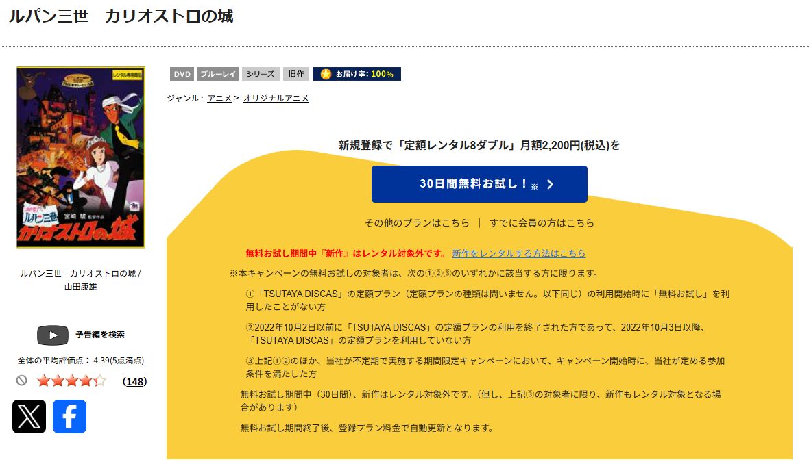 TSUTAYA DISCASのルパン三世 カリオストロの城