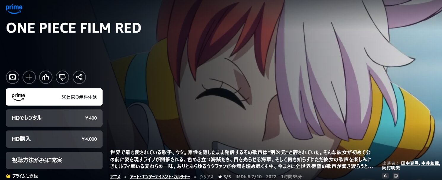 AmazonプライムのONE PIECE FILM RED（ワンピースフィルム レッド）配信画像