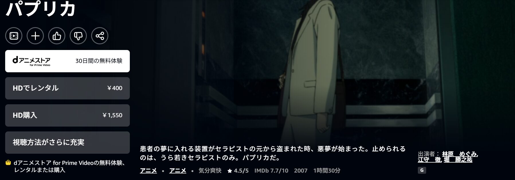 Amazonプライムのパプリカ配信画像