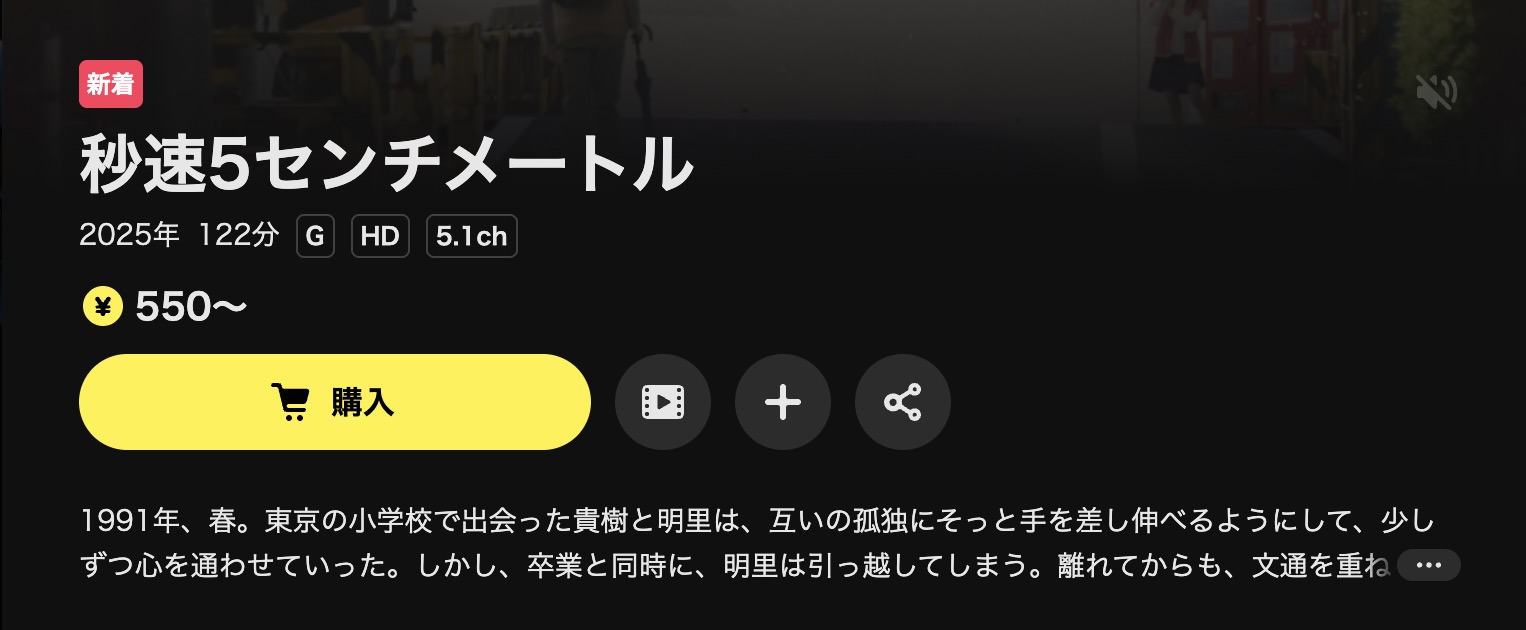 DMM TVの秒速5センチメートル(実写)配信画像
