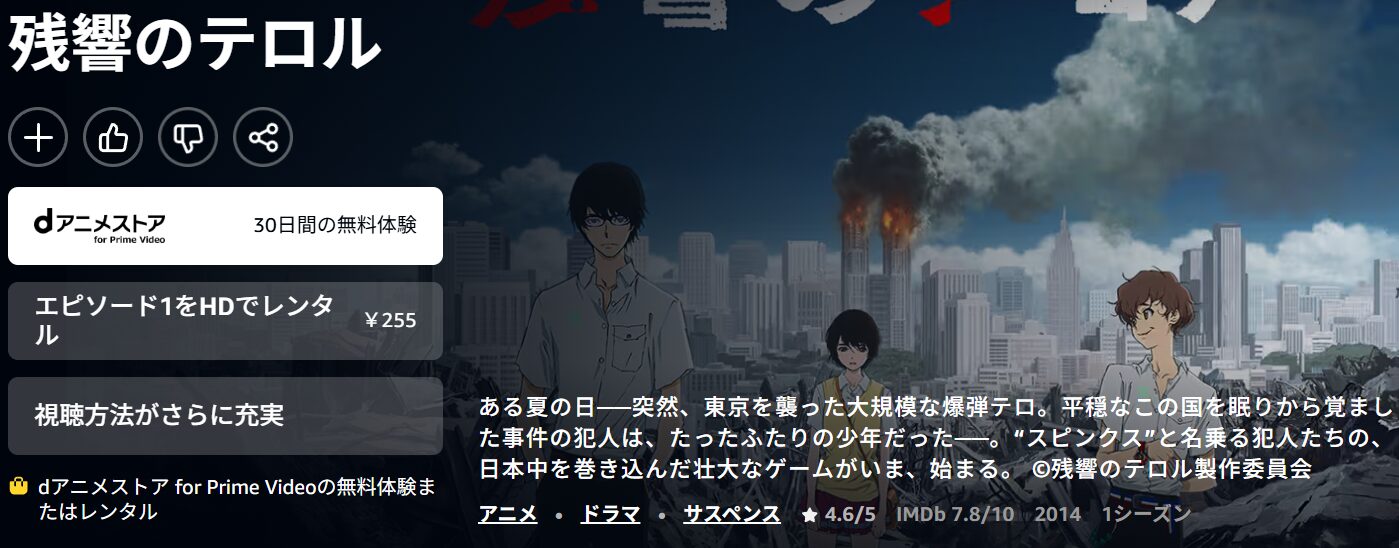Amazonプライムの残響のテロル配信画像