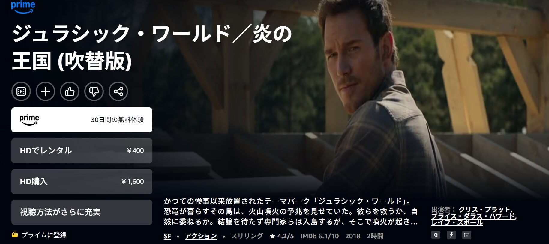 Amazonプライムのジュラシック・ワールド／炎の王国配信画像