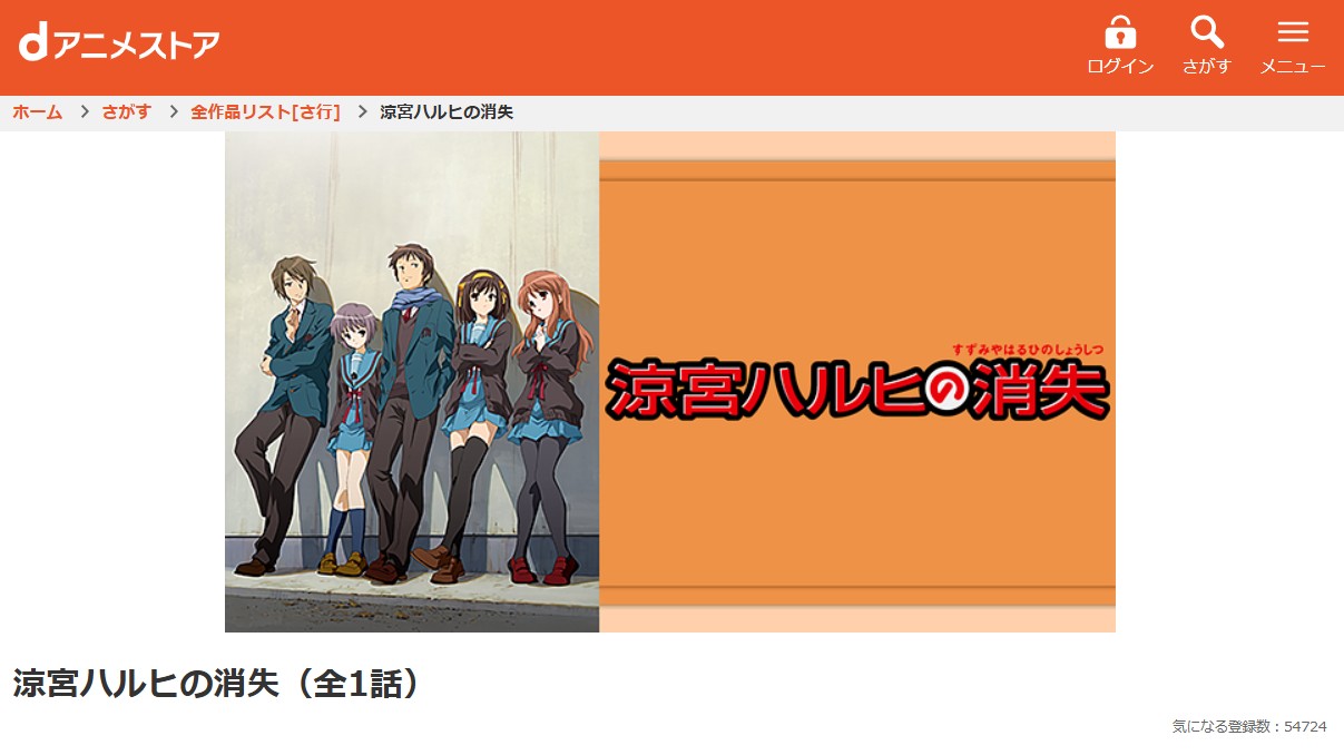 dアニメストアの涼宮ハルヒの消失配信画像