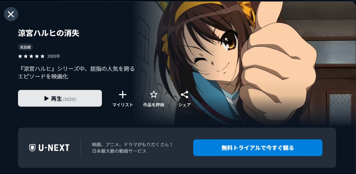 U-NEXTの涼宮ハルヒの消失配信画像