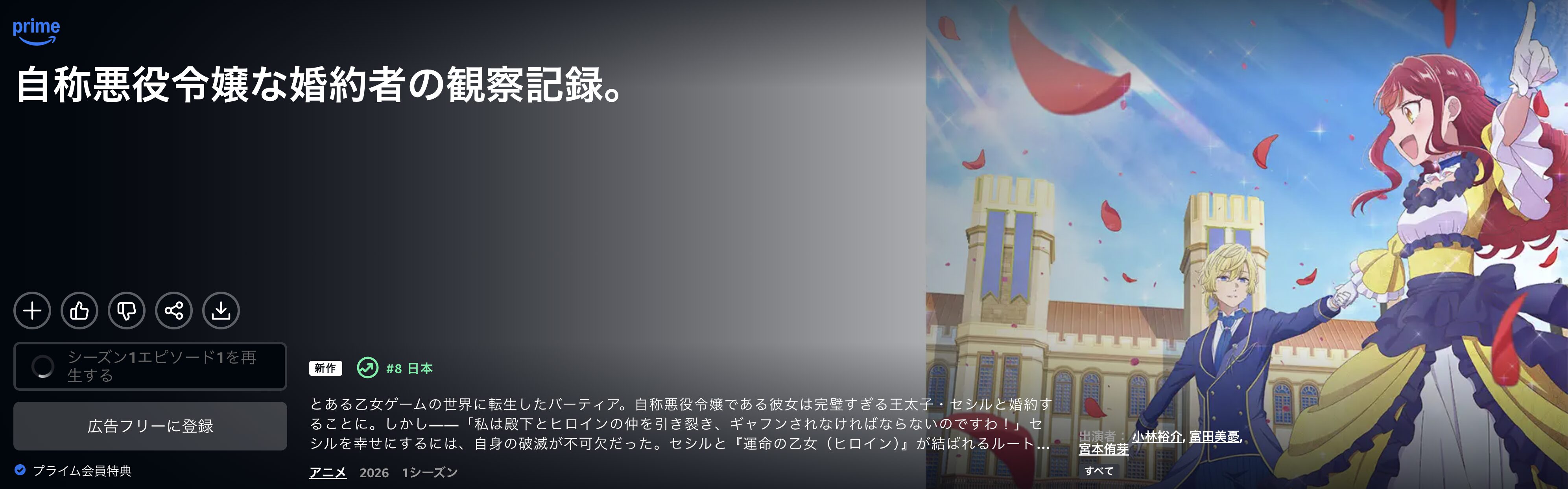 Amazonプライムの自称悪役令嬢な婚約者の観察記録。配信画像