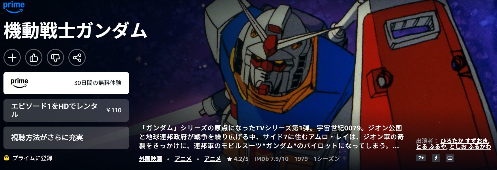 Amazonプライムの機動戦士ガンダム配信画像