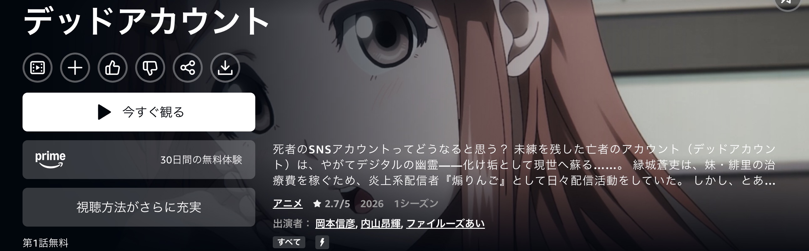 Amazonプライムのデッドアカウント配信画像