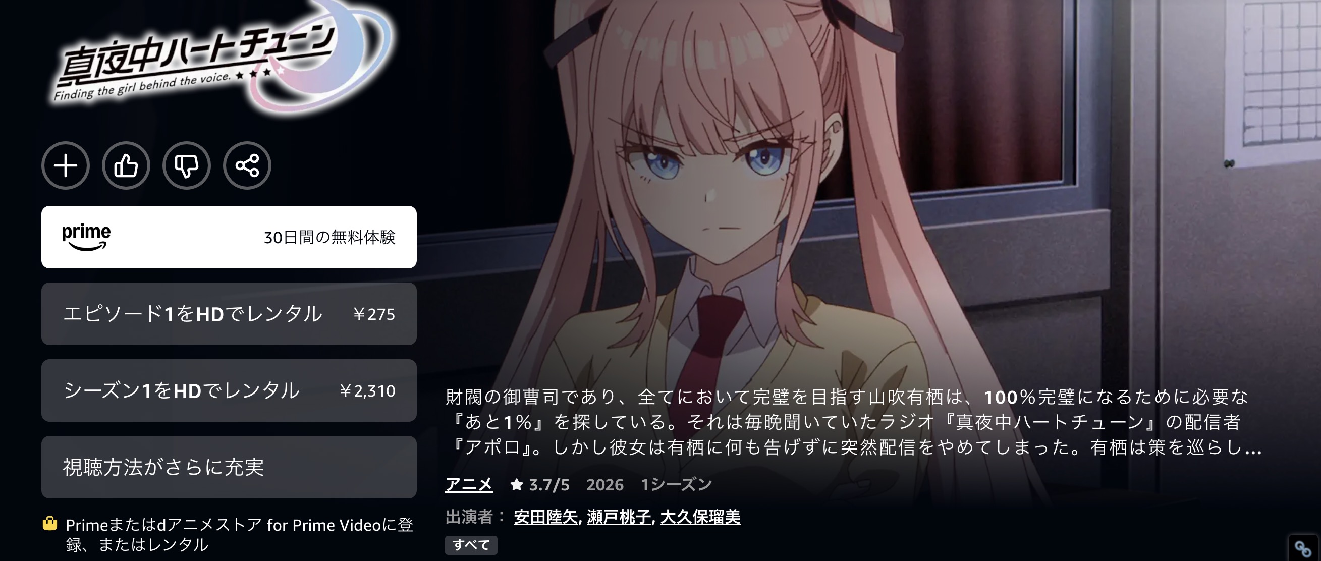 Amazonプライムの真夜中ハートチューン配信画像