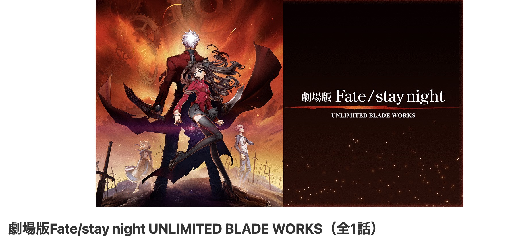 dアニメストアの劇場版Fate/stay night UNLIMITED BLADE WORKS配信画像