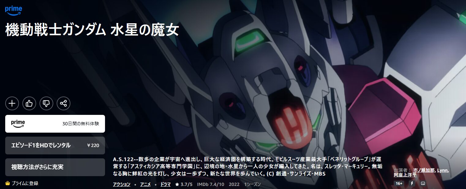 Amazonプライムの機動戦士ガンダム 水星の魔女 1期配信画像