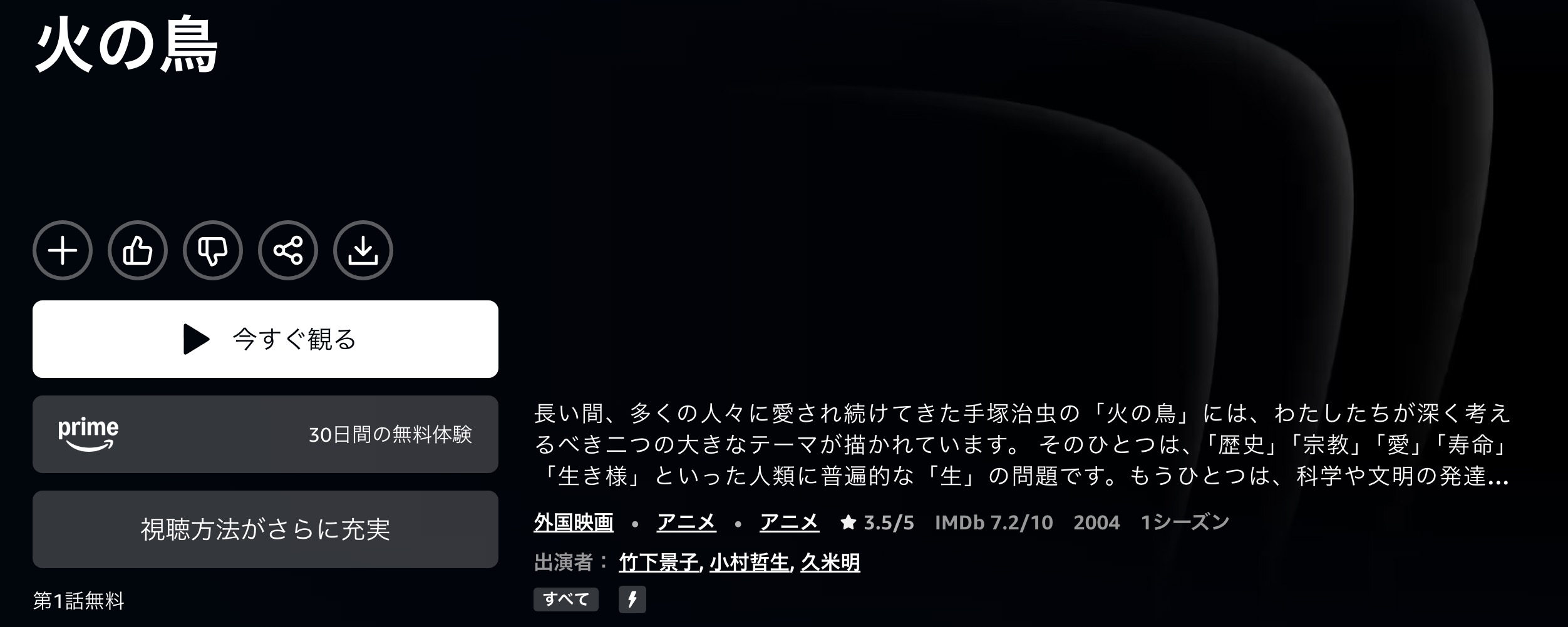 Amazonプライムの火の鳥配信画像