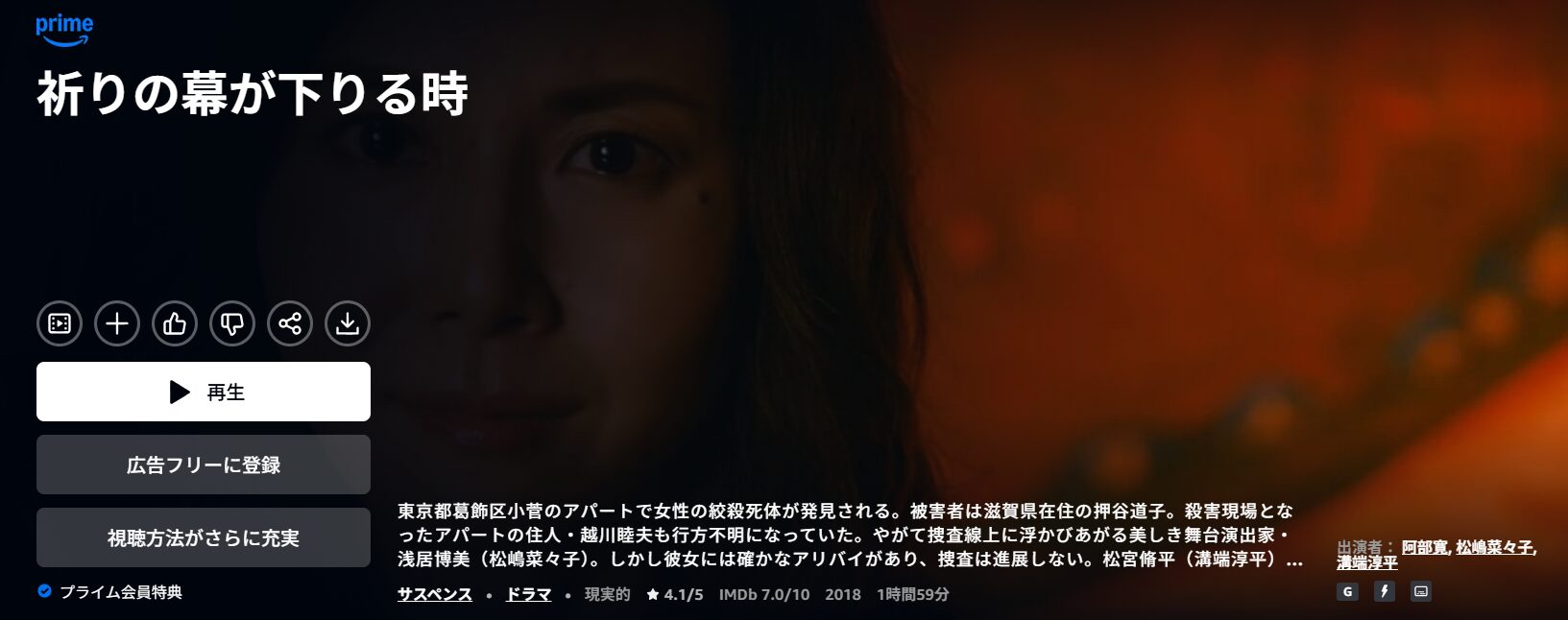 Amazonプライムの祈りの幕が下りる時配信画像