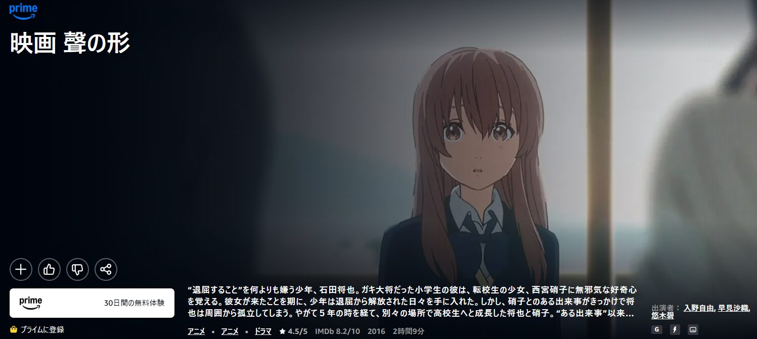 Amazonプライムの聲の形配信画像