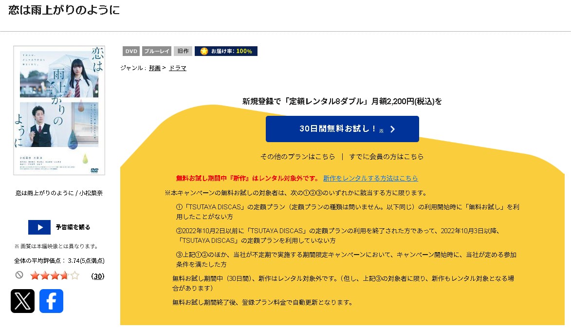 TSUTAYA DISCASの恋は雨上がりのように