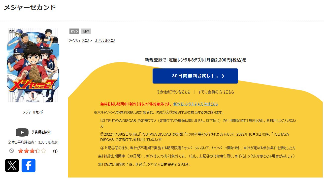 TSUTAYA DISCASのメジャー2nd(1期)
