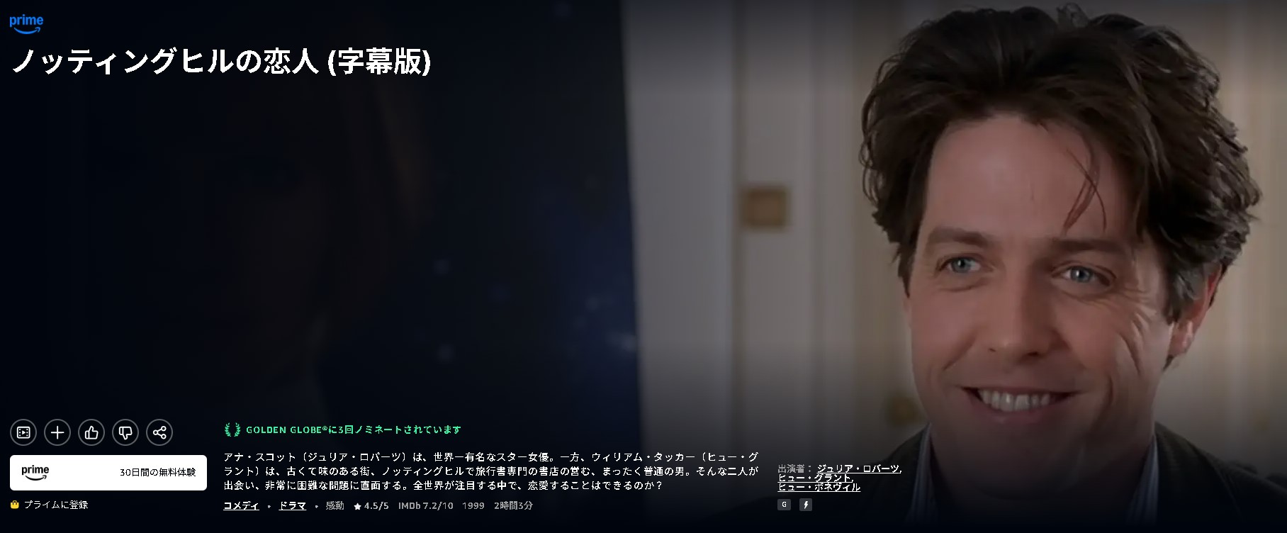 Amazonプライムのノッティングヒルの恋人配信画像