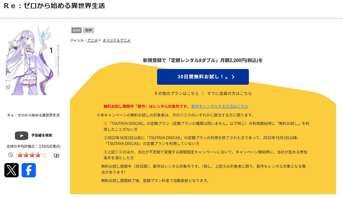 TSUTAYA DISCASのリゼロ1期