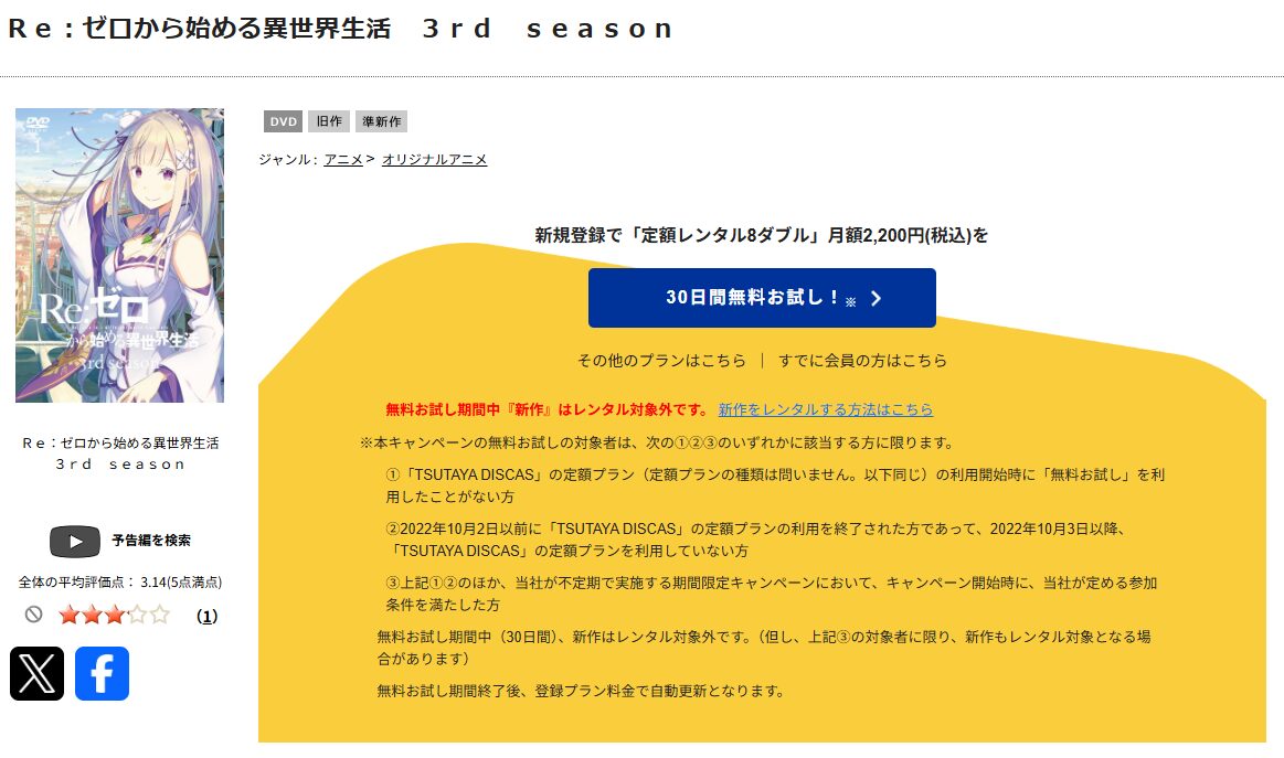TSUTAYA DISCASのリゼロ3期