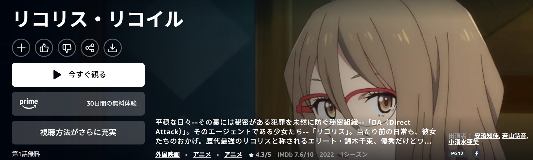 Amazonプライムのリコリス・リコイル配信画像