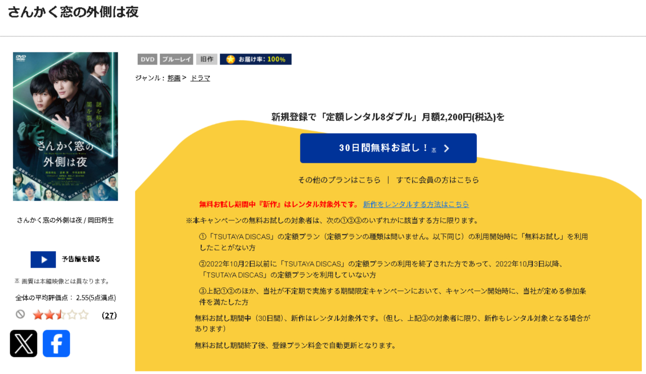 TSUTAYA DISCASのさんかく窓の外側は夜（実写）