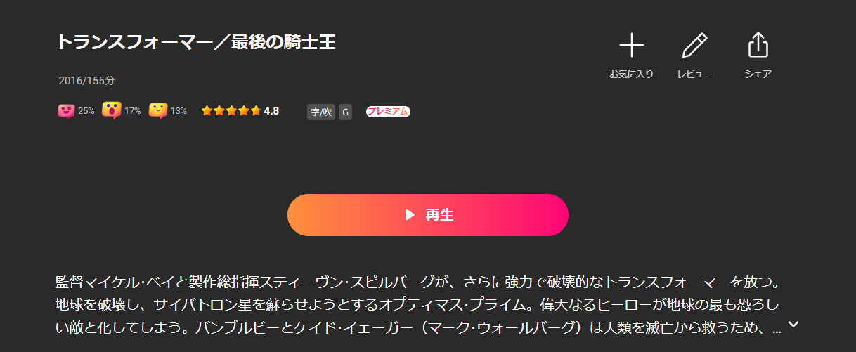 Leminoのトランスフォーマー/最後の騎士王配信画像