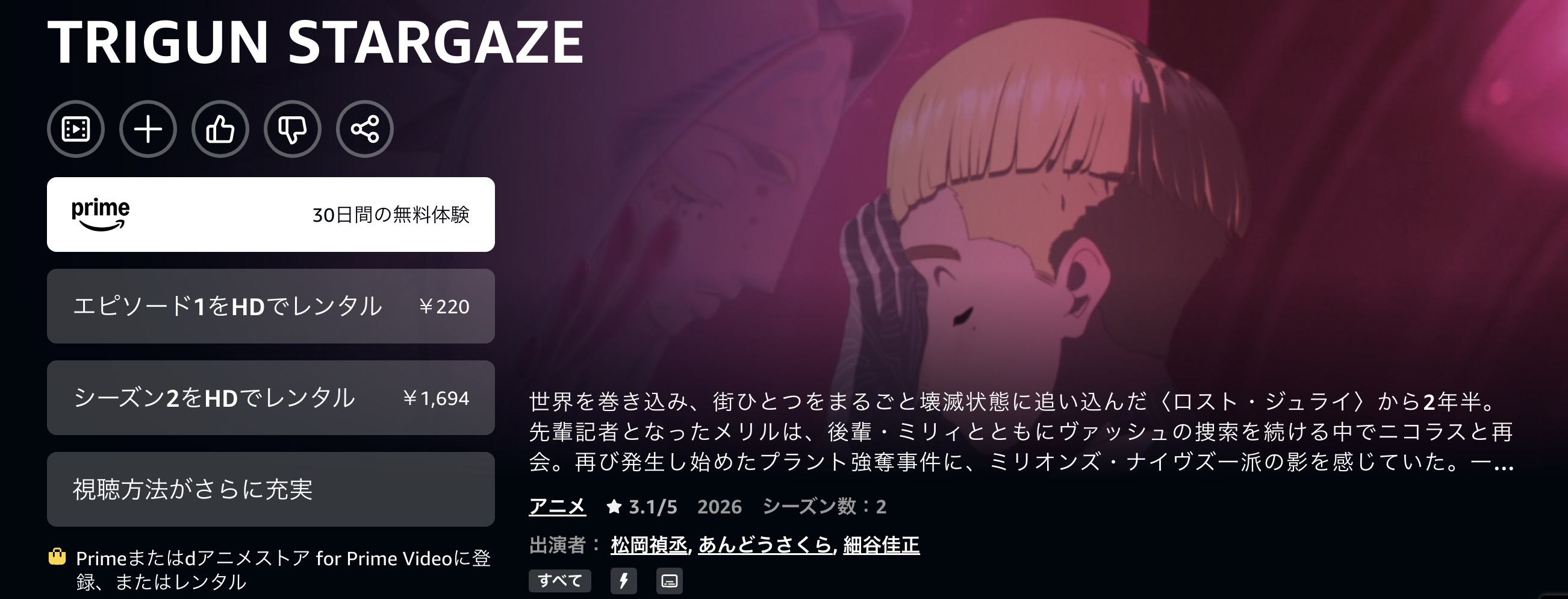AmazonプライムのTRIGUN STARGAZE配信画像
