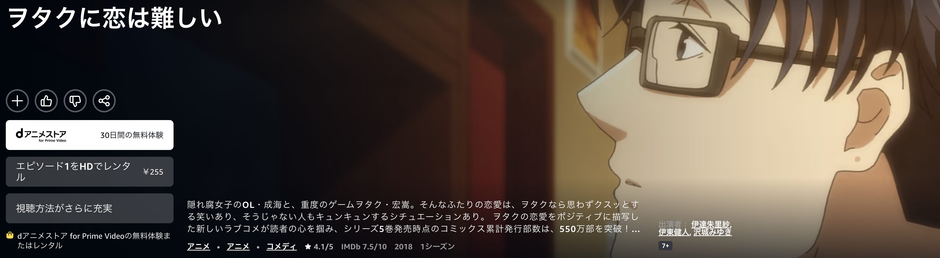 Amazonプライムのヲタクに恋は難しい配信画像