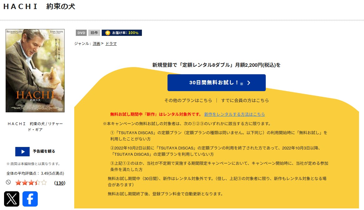TSUTAYA DISCASのHACHI 約束の犬