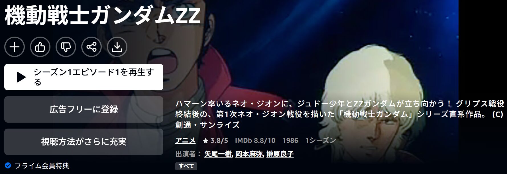Amazonプライムの機動戦士ガンダムZZ配信画像