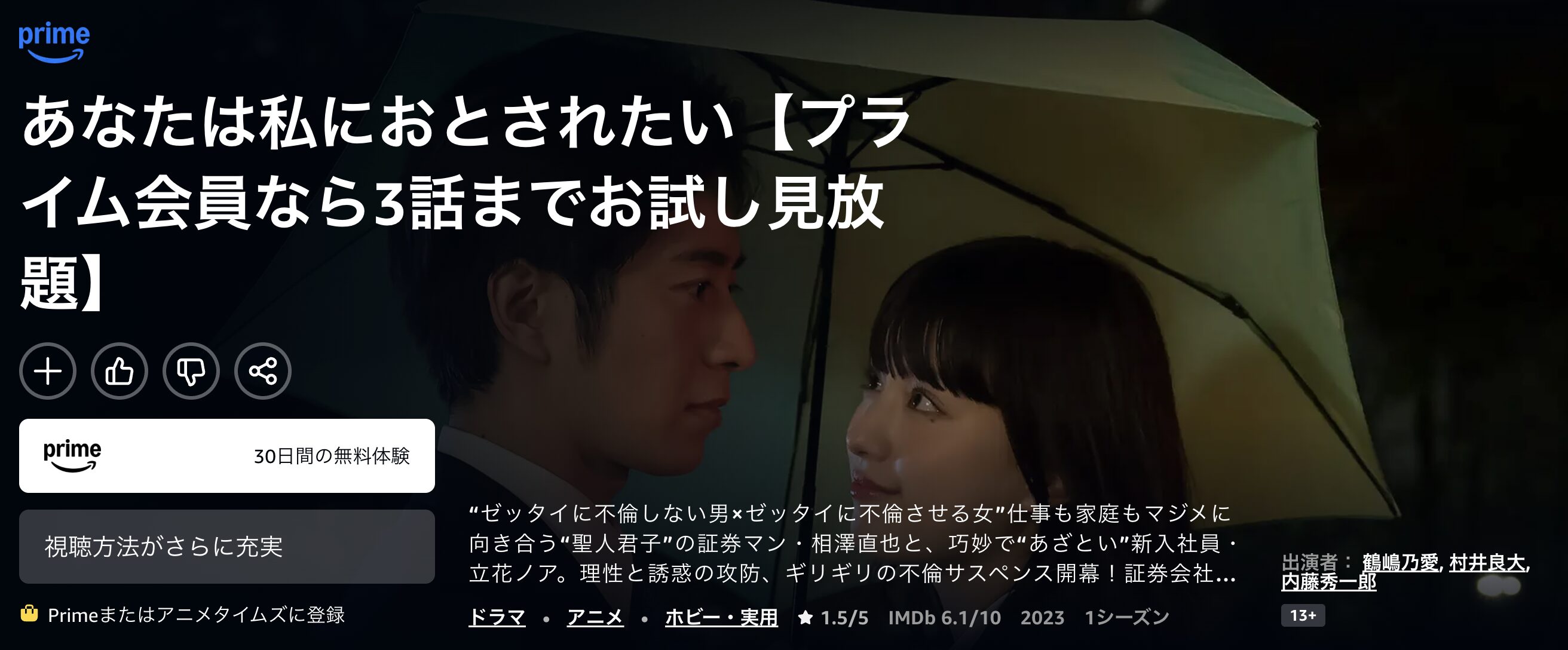 Amazonプライムのあなたは私におとされたい配信画像
