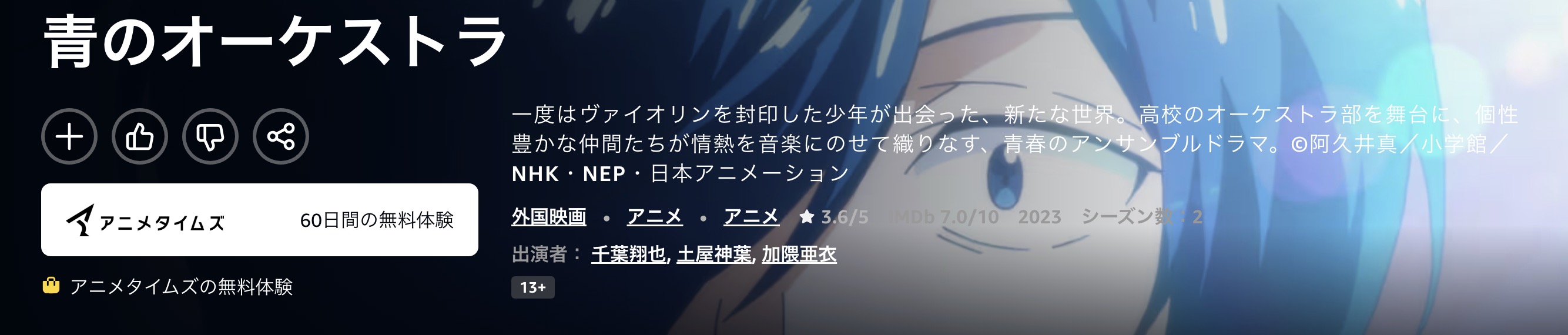 Amazonプライムの青のオーケストラ配信画像