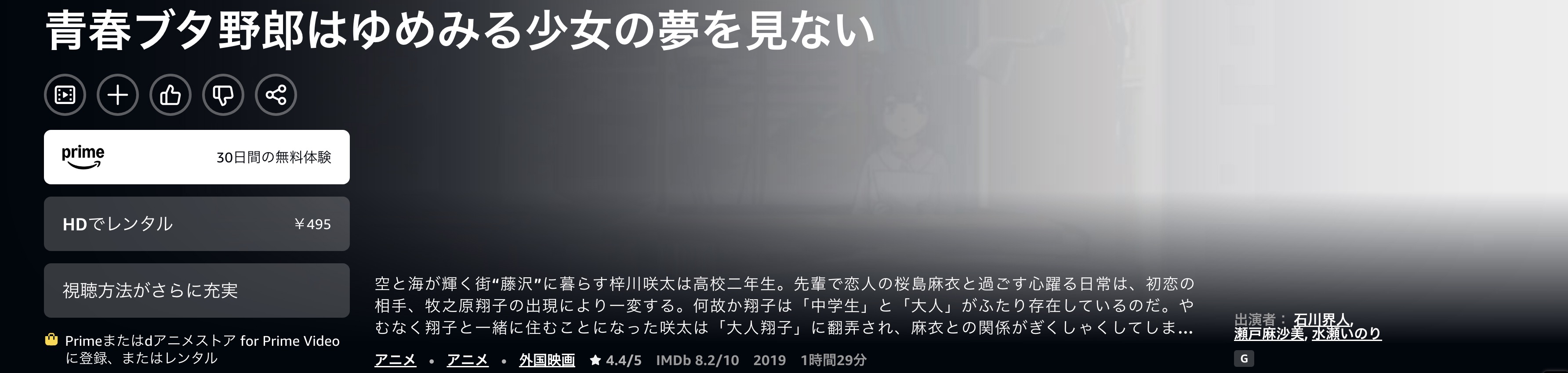 Amazonプライムの青春ブタ野郎はゆめみる少女の夢を見ない配信画像
