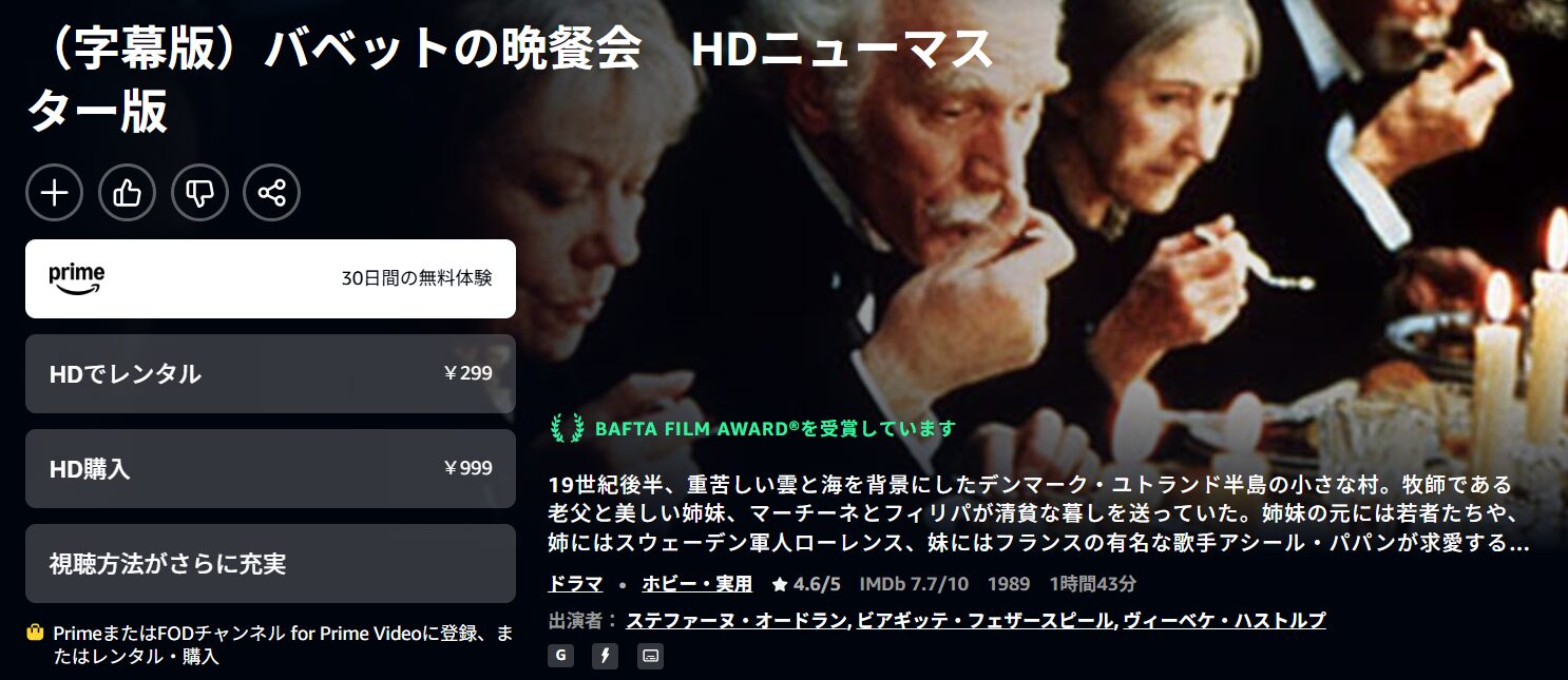 Amazonプライムのバベットの晩餐会配信画像