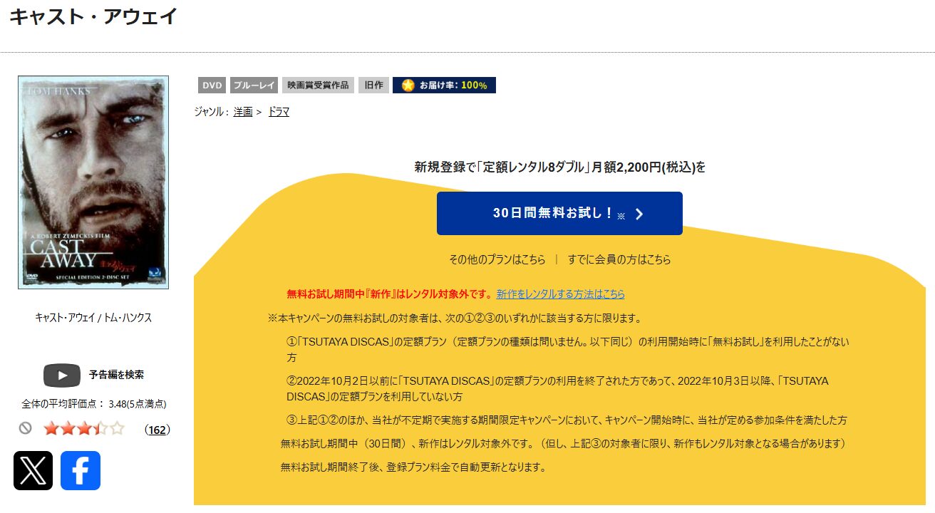 TSUTAYA DISCASのキャスト・アウェイ