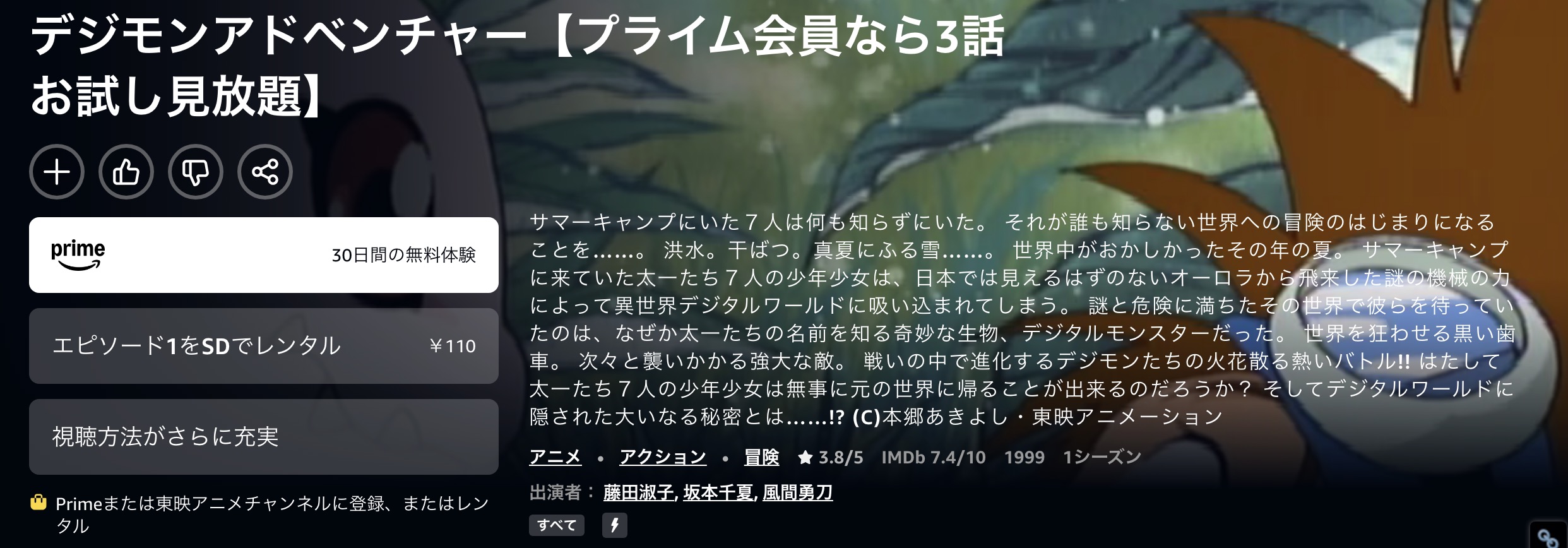 Amazonプライムのデジモンアドベンチャー配信画像