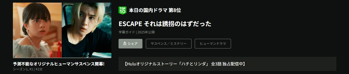 HuluのESCAPE それは誘拐のはずだった配信画像