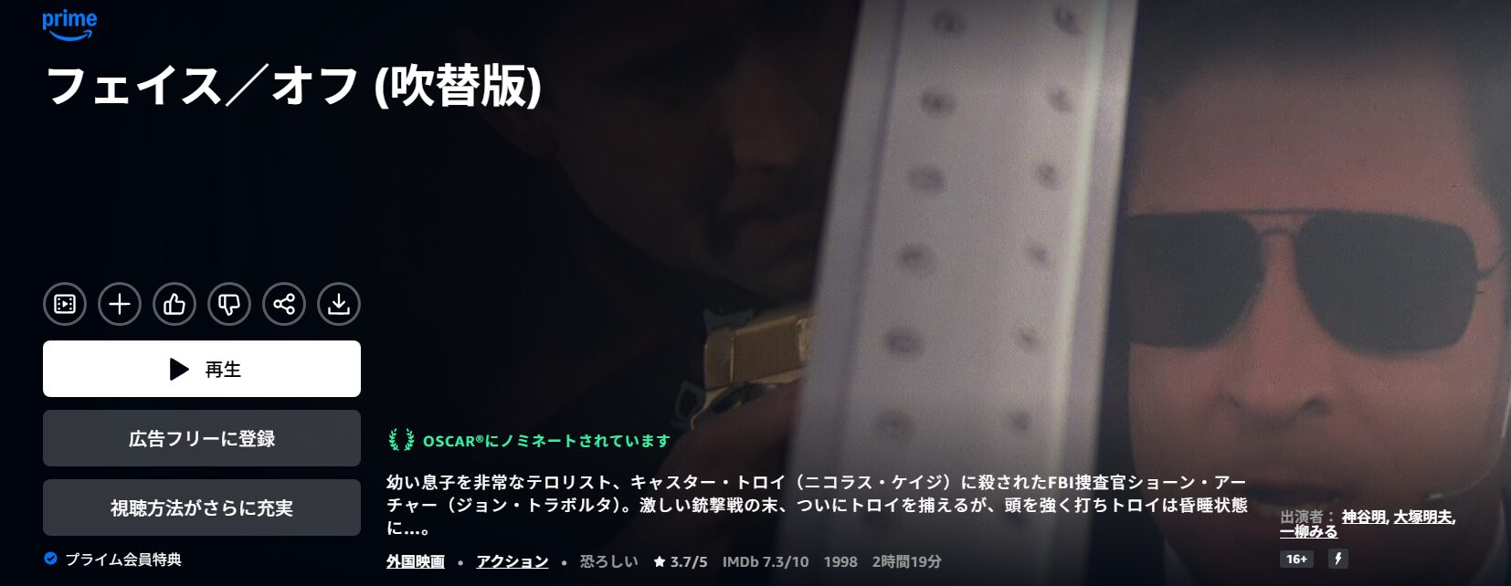 Amazonプライムのフェイス/オフ配信画像